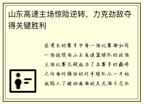 山东高速主场惊险逆转，力克劲敌夺得关键胜利