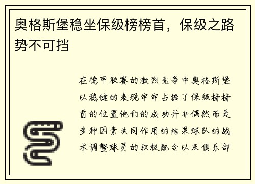 奥格斯堡稳坐保级榜榜首，保级之路势不可挡