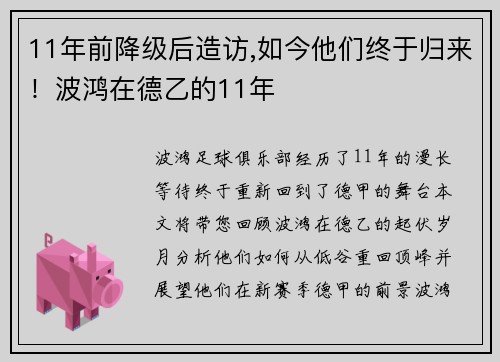 11年前降级后造访,如今他们终于归来！波鸿在德乙的11年