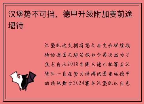 汉堡势不可挡，德甲升级附加赛前途堪待