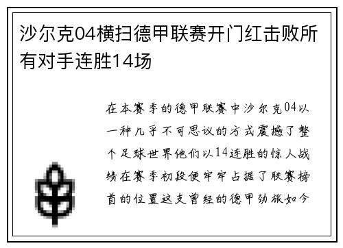 沙尔克04横扫德甲联赛开门红击败所有对手连胜14场